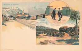 Goldau SZ Bahnhof und Rossberg Bergsturz Litho