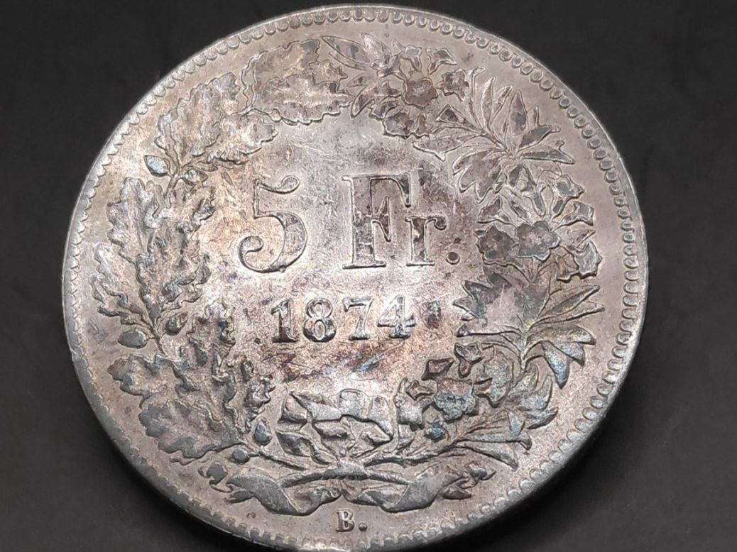 Alle Münzen: 1874 - 5 Franken - B. - Silber - Mit Patina – Gebraucht aus Sirnach von Trekk64 1