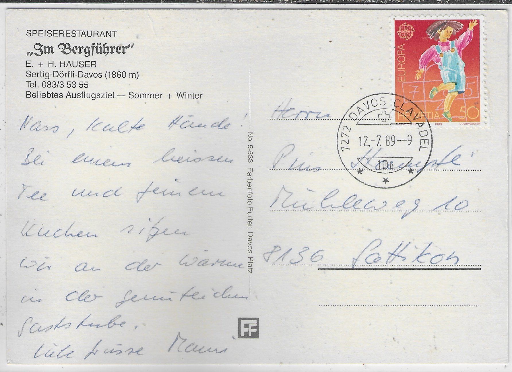 Cartoline postali: Restaurant "Im Bergführer" Sertig-Dörfli-Davos – Usato da Ettingen venduto da Kartenplanet 1