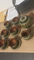 Teeservice Keramik grün braun mit Kanne und 6 Tassen