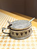 Vintage Zuckerdose Kristallglas, Zinngus, löffel versilbert