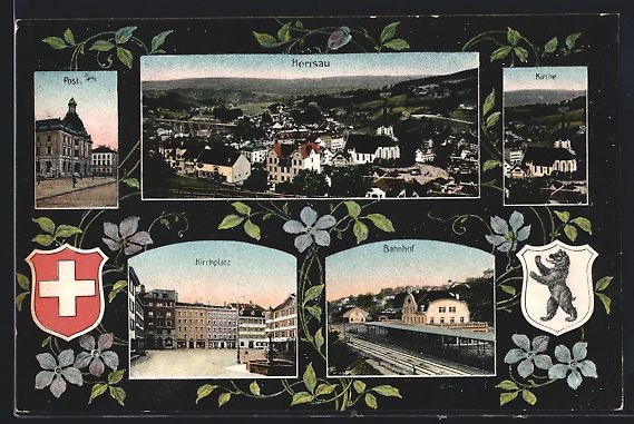 Cartoline postali: AK Herisau, Kirchplatz, Bahnhof, Kirche – Usato da Berlin venduto da bartko-reher