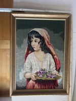Gobelin Bild mit jungem Maedchen und Blumen guter Zustand