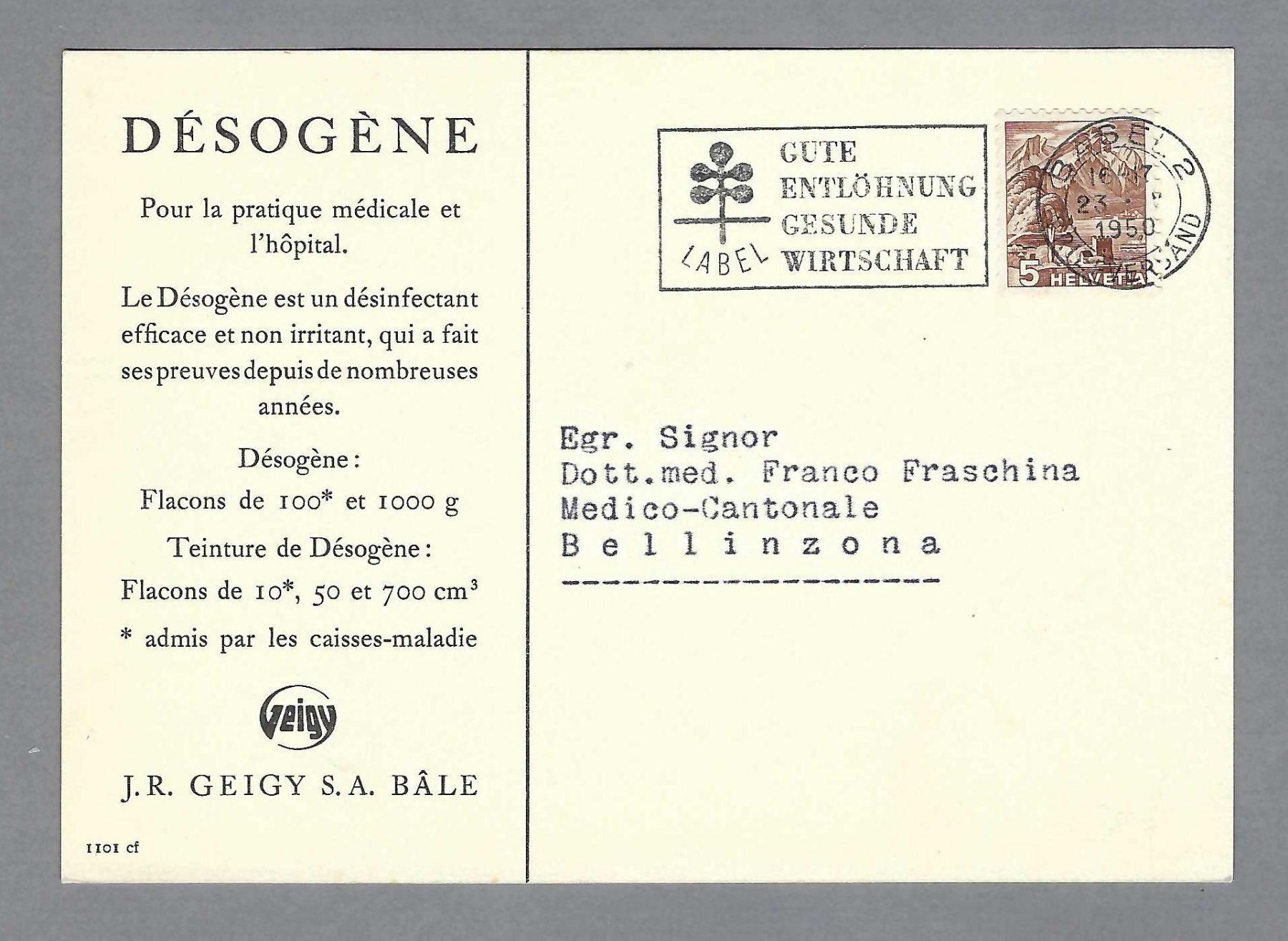 Ansichtskarten: 1950, DÉSOGÈNE, DÉSINFECTANT, BÂLE – Gebraucht aus Pura von ulisse1957 1
