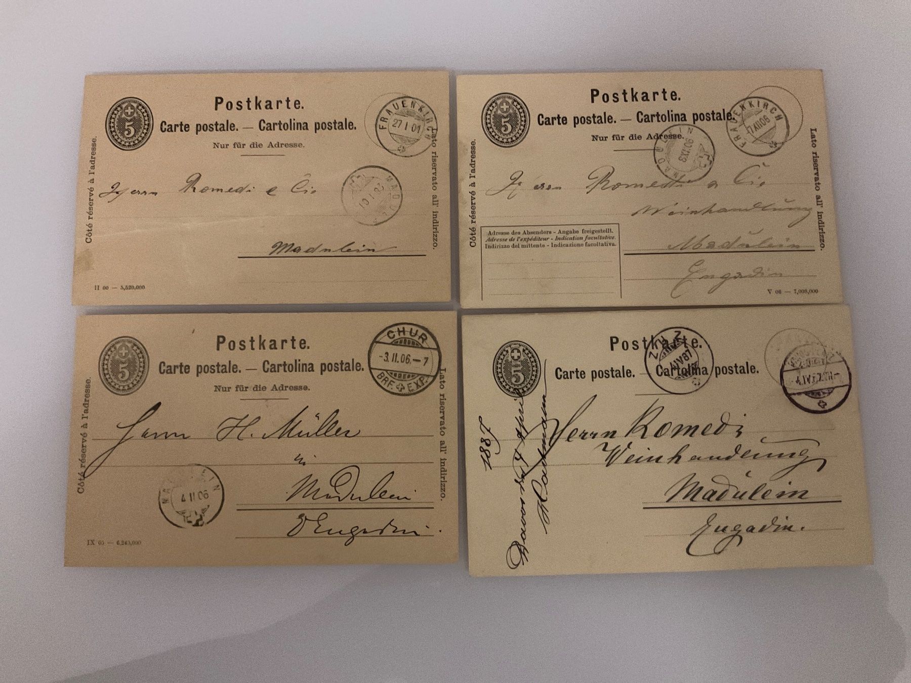 Tutti i francobolli: 1887-1906, 4 Postkarten versch. Bündner Ortschaften – Usato da Rickenbach Sulz venduto da ser_cv7t