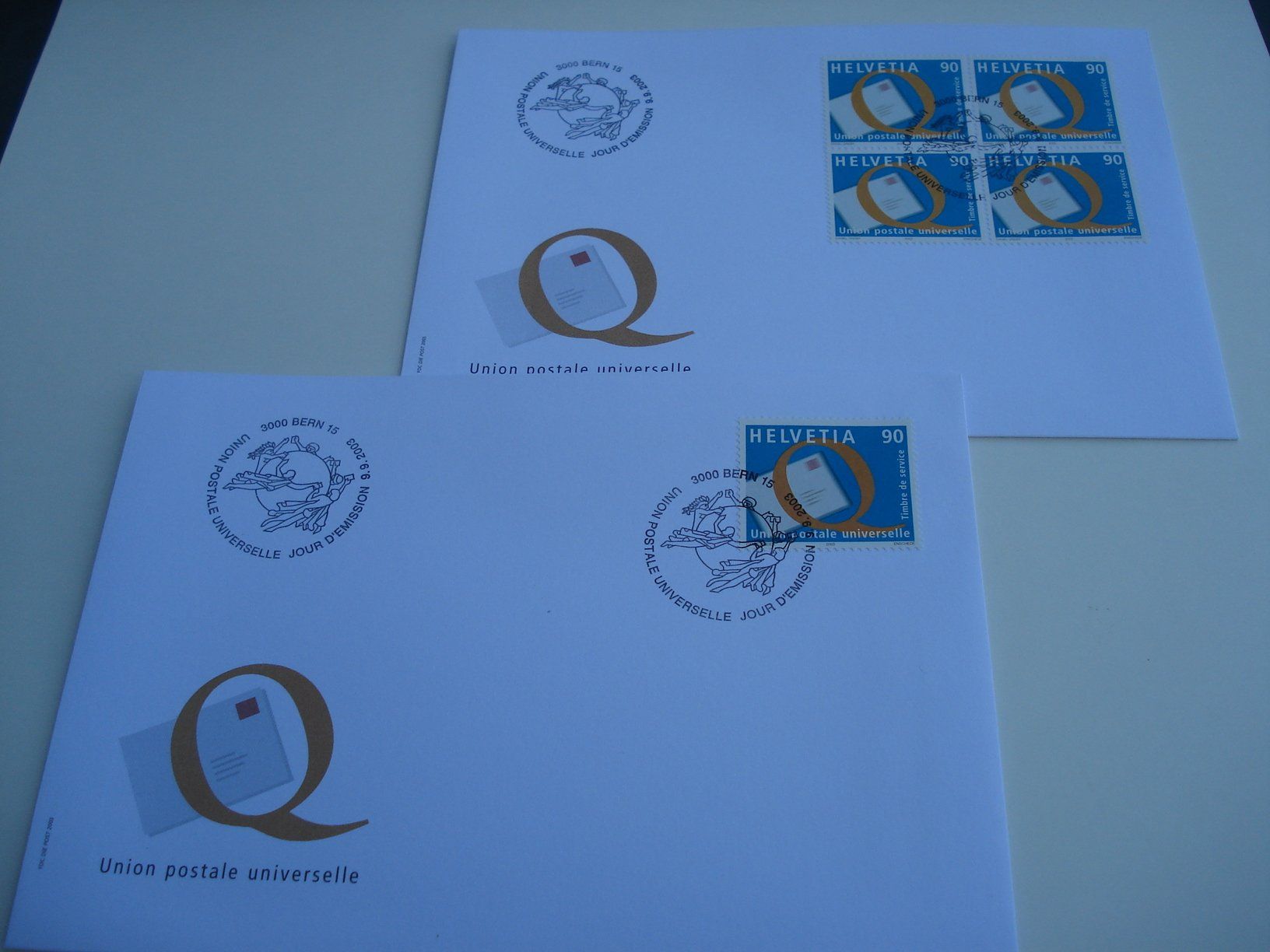 Tutti i francobolli: Sondermarke 2003, UPU, FDC Einzel + 4erblock, 2 Bel – Usato da Niederwil AG venduto da morostahu 1