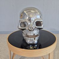 Totenkopf in Chrom - Optik, Halloween Windlicht Deco Objekt