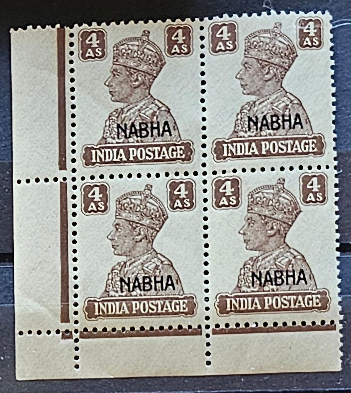 Tutti i francobolli: INDIA state NABHA 4er-Bl.** 4 Annas, 1944 – Nuovo (secondo la descrizione) da Les Valettes venduto da Nuba1