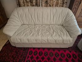 Hellbeiges Leder Bettsofa Ascona mit Fauteuil und Dreiersofa