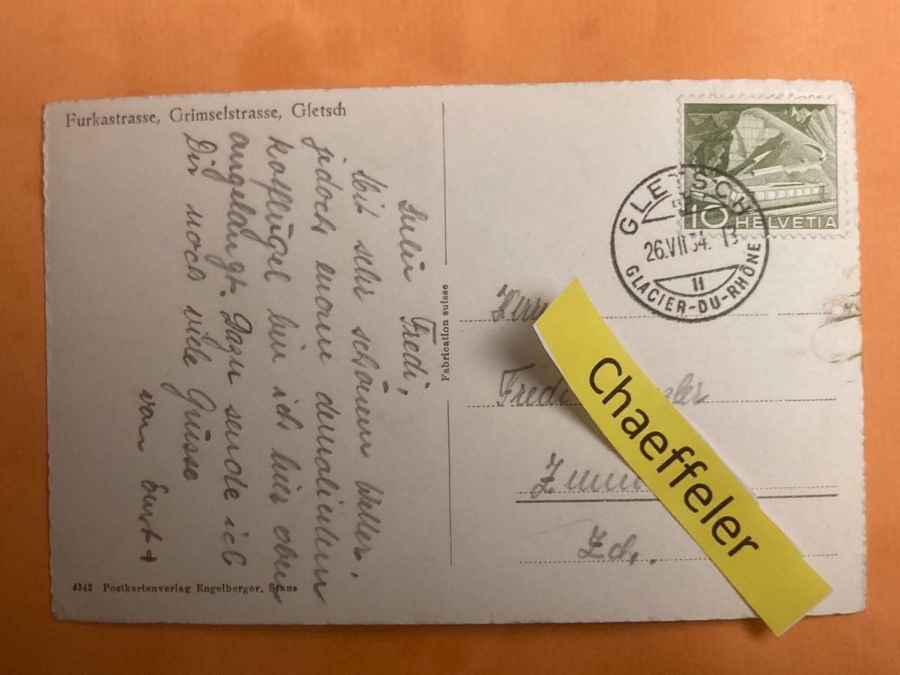 Ansichtskarten: 1954 Furkastrasse, Grimmselstrasse, – Gebraucht aus Zürich von Chaeffeler 1