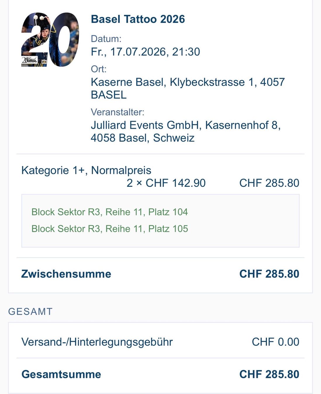 Biglietti: Basel Tattoo Premiere – Nuovo (secondo la descrizione) da Rheinfelden venduto da man_8qbn