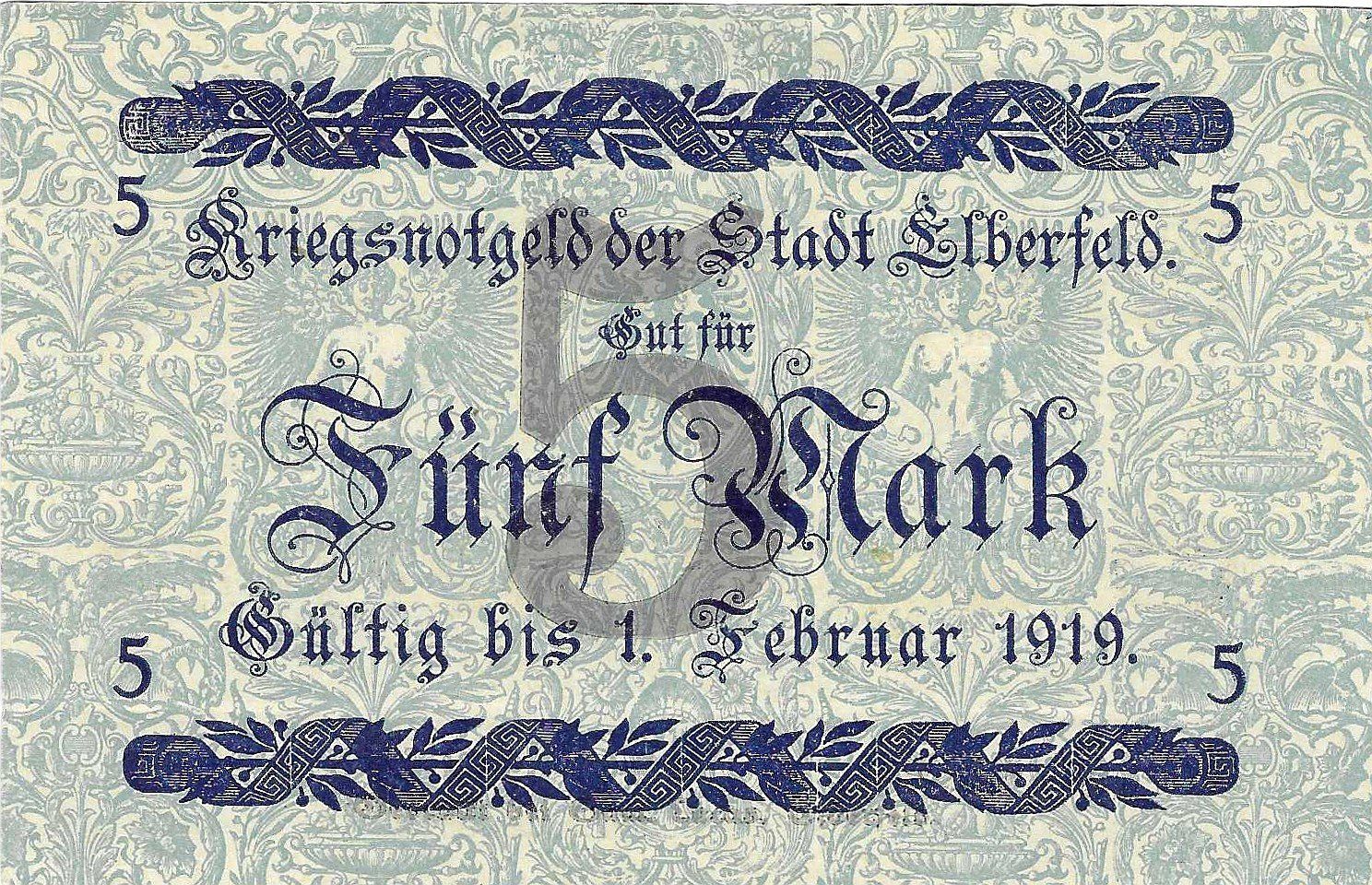 Banconote: 5 Mark 1918 / Eberfeld / Notgeld / N°144008 – Usato da Tavannes venduto da Zitume