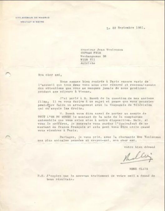 Autografi: René Clair 1898-1981 Autogramm signiert Brief 20x25cm – Usato da Bischofszell venduto da Gottselig
