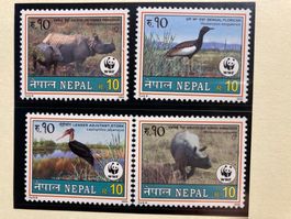 Nepal 2000 Satz WWF Panzernashorn Barttrappe Marabu postfr.