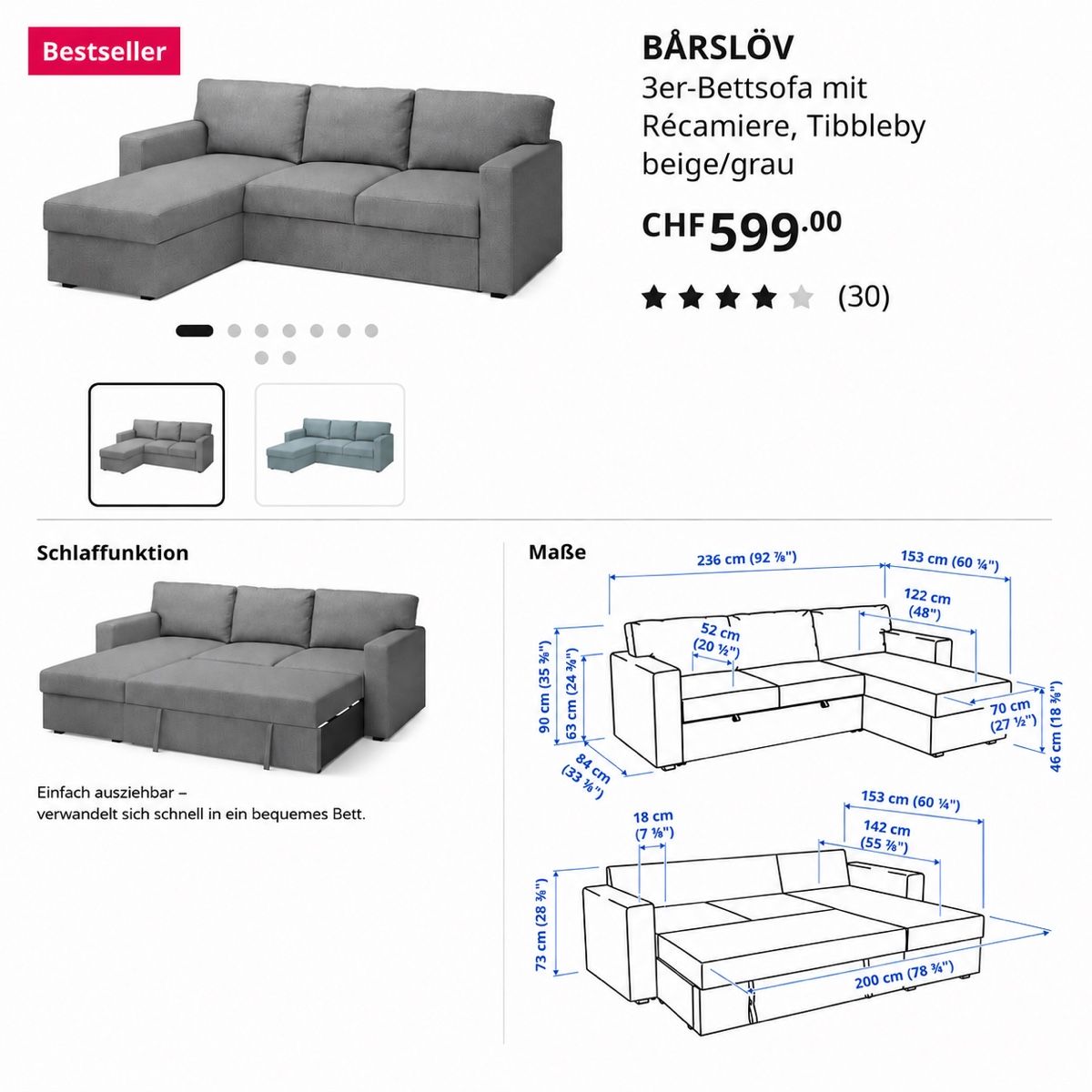 Divani: 3er-Bettsofa grau – Usato da Wettingen venduto da iv_03