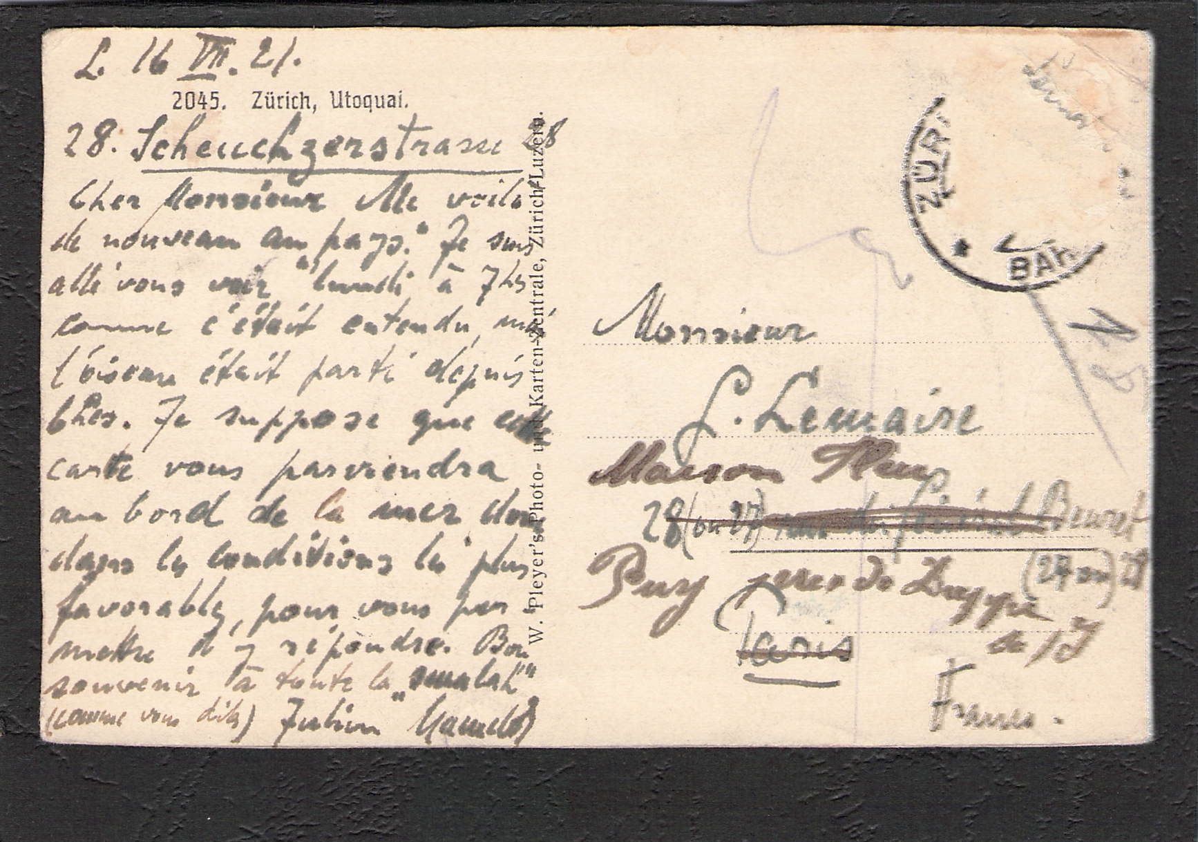 Cartoline postali: AK Zürich Utoquai , 1921 – Usato da Reichenburg venduto da Pipo-67 1