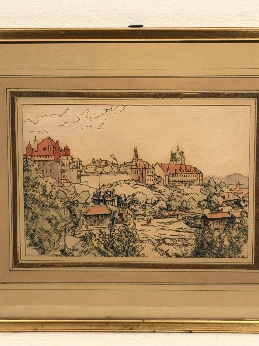 Dipinti: Framed Print Lausanne Landscape View Gold Frame – Usato da Lausanne venduto da artnouveau04 1