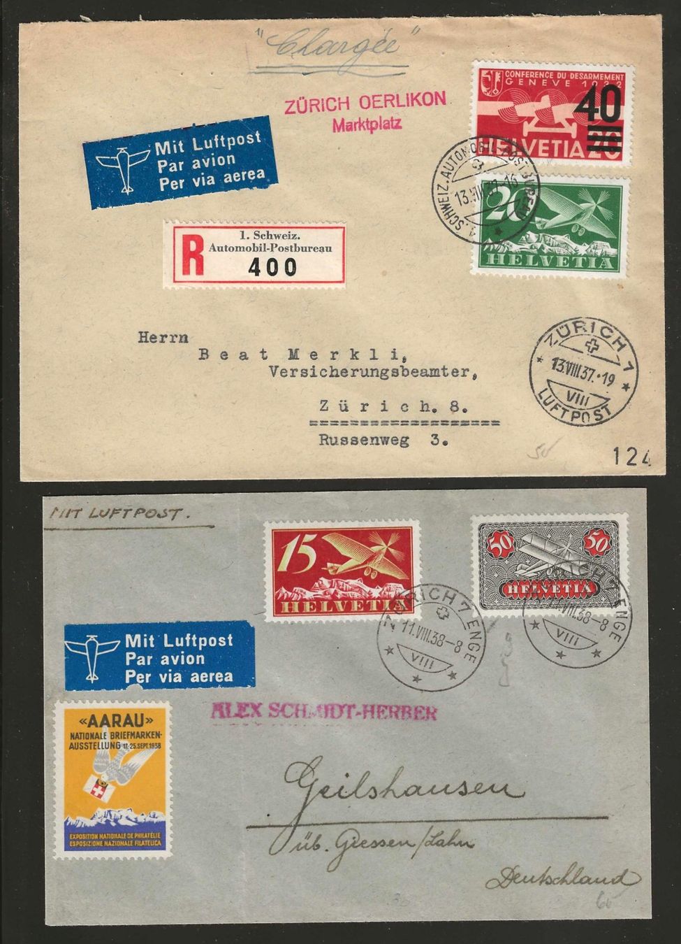 Tutti i francobolli: 1937/38 : 2 CH Flugpost Briefe – Usato da Gümligen venduto da Geniusbuy