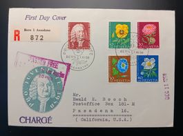 PRO JUVENTUTE SERIE 1958 AUF FDC/EINSCHREIBEN BRIEF NACH USA
