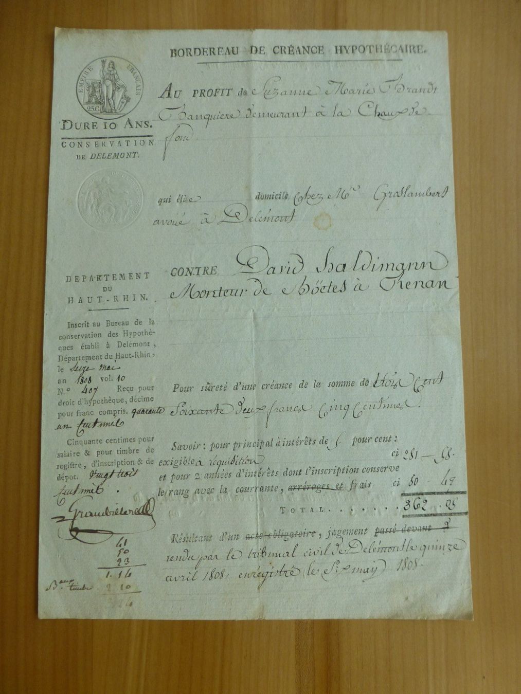 Documents: Delemont, Hypothek, 16.May 1808 – D'occasion à Bettlach par 1saurer