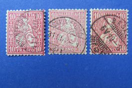 3 x Sitz Helvetia rot, weisses Papier Nr.38 - SBK: 12.- .