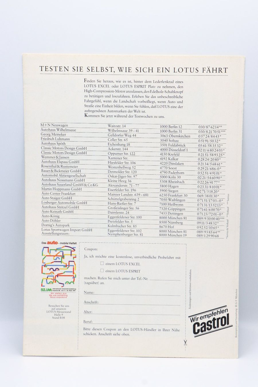 Lotus Documents: Lotus Excel & Esprit 1987 Prospekt – D'occasion à Bühl b.Aarberg par Collectorpassions 1
