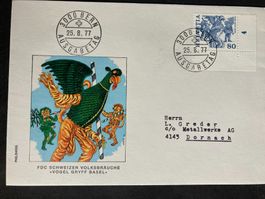 Schweiz 1977 illustr. FDC Ecke Bogennummer Vogel Gryff Basel