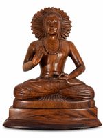Sitzende Buddha-Holzfigur mit Strahlenkranz