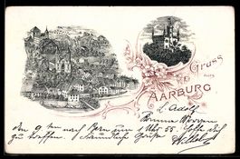Lithographie Aarburg, Totalansicht mit Kirche aus der Vogels