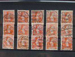 1907: Nr.104; 15 saubere Marken mit Vollstempel