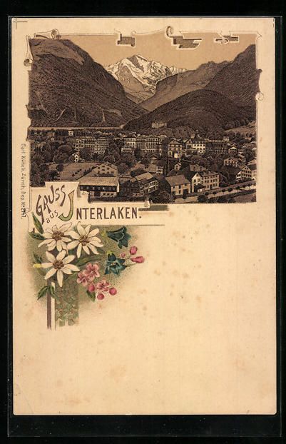 Cartoline postali: Litho Interlaken, Ortsansicht aus der Vo – Usato da Berlin venduto da bartko-reher