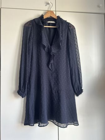 Dunkelblaues Zarakleid mit Rüschen, Grösse XS, langarm