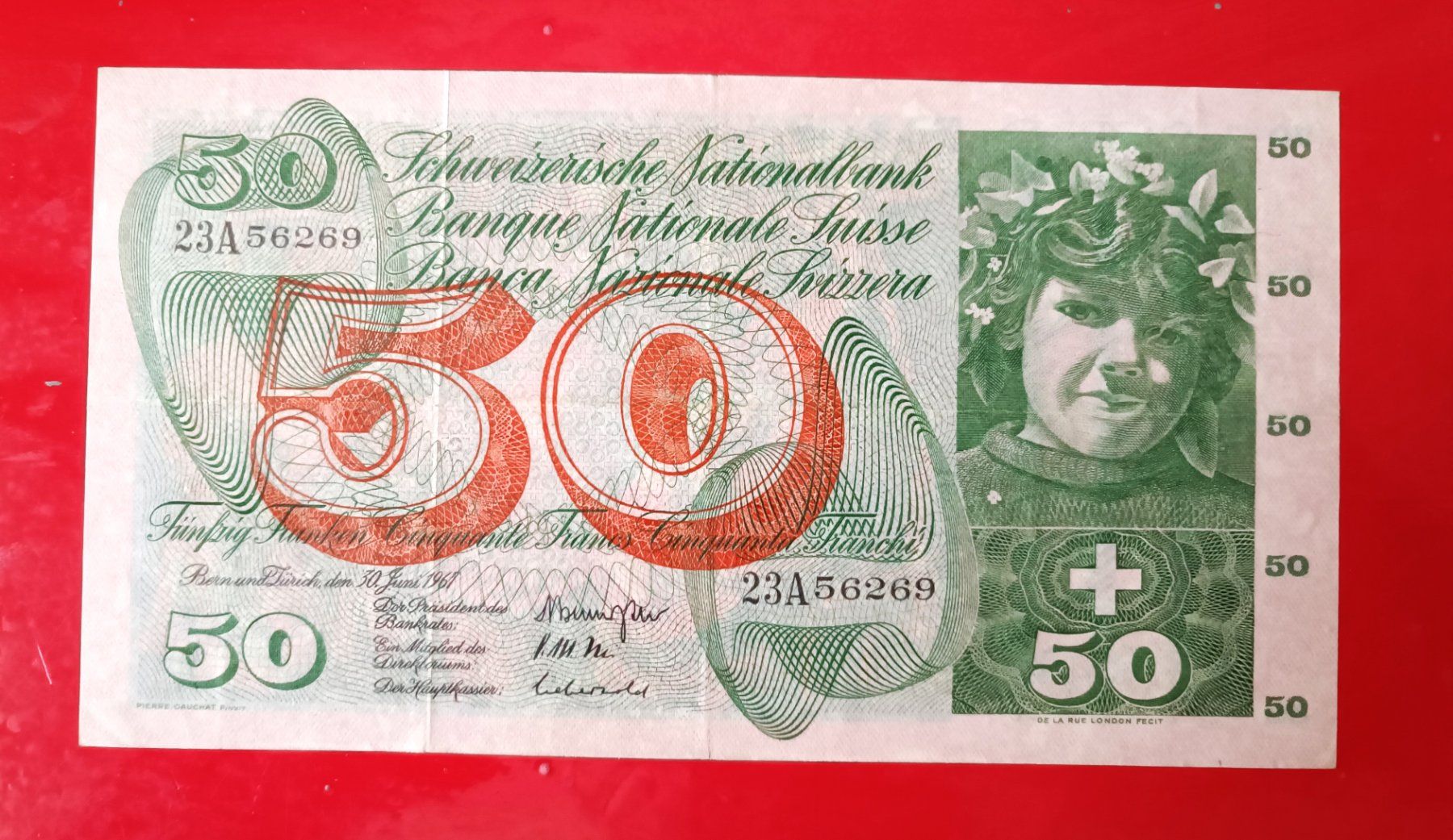 Banconote: Alte Schweizer NOTE 50 FR Typ Apfelernte 30 Juni 1967 Bern – Usato da Glis venduto da MYS-Wallis2020 4