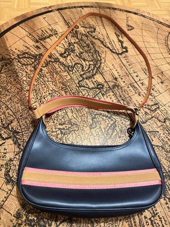 Longchamp vintage Navy Blue Shoulder Bag | Pink & Tan Stripe