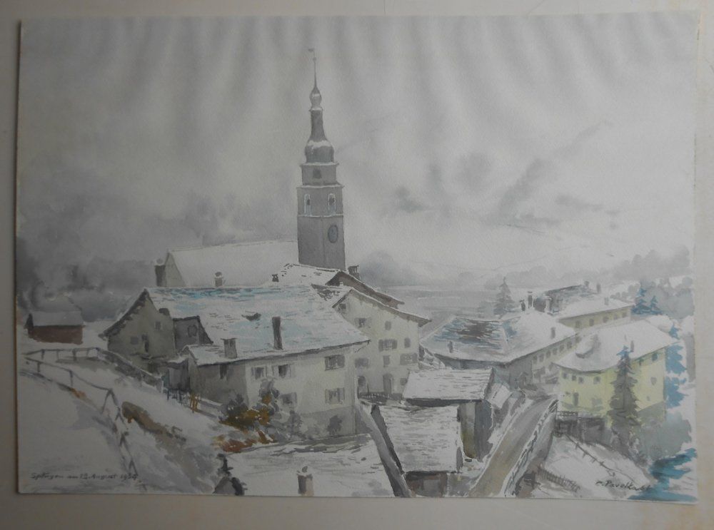 Dipinti: Splügen. Grossformatiges Aquarell von 1964. – Usato da Basel venduto da Domba