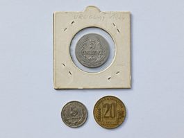 Argentina 5, 20 centavos 1921,1945 und Uruguay 5 centesimos