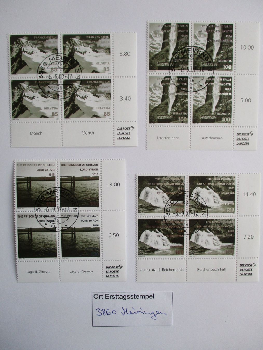 Alle Briefmarken: Viererblock mit Ort Ersttagsstempel 3860 Meiringen – Gebraucht aus Langnau b. Reiden von Aktuell88