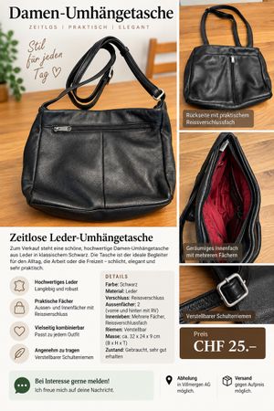 Damen Umhängetasche Leder schwarz verstellbar gut