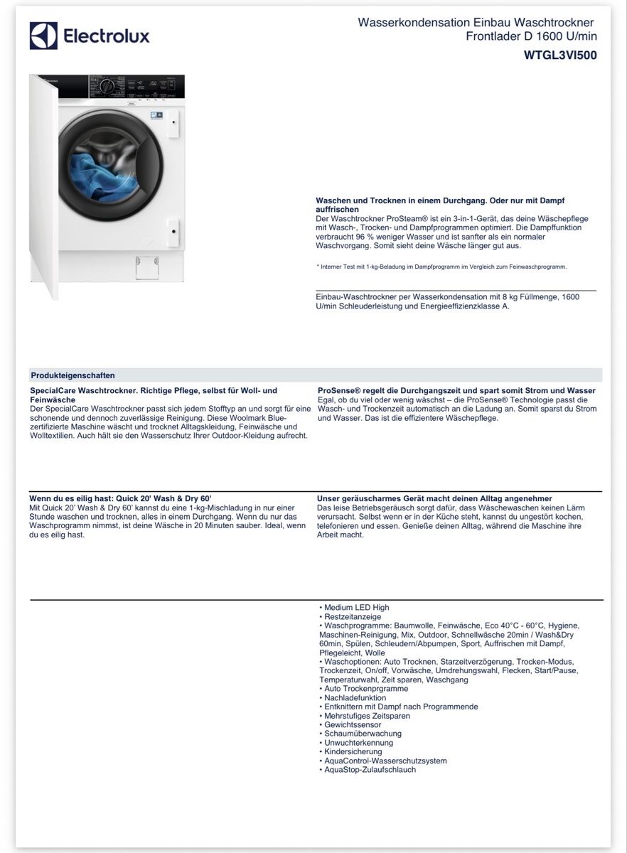 Electrolux Lavatrici: Electrolux Waschtrockner Einbau Frontlader – Usato da Ettingen venduto da Alessio_17 2
