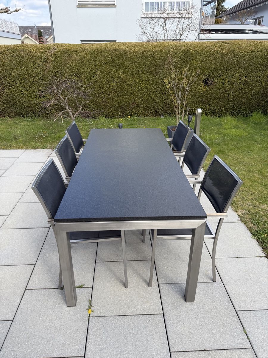 Tische: Granit Gartentisch mit Chromstahlgestell und Gartenstühle  – Gebraucht aus Felben wellhausen von To.el 2