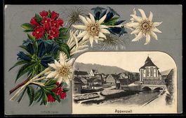 Präge-Lithographie Appenzell, Ortsansicht mit Kirche, Brücke