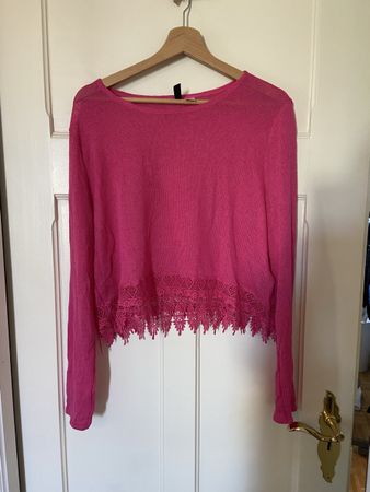 Damen Pullover H&M pink Spitzenborte, Grösse L