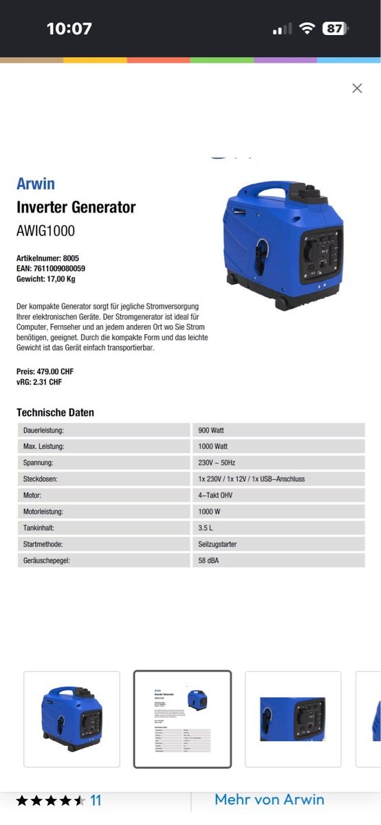 Generatori di corrente: Stromgenerator Arwin AWIG1000 Inverter Generator – Nuovo (secondo la descrizione) da Uster venduto da Dataku 7