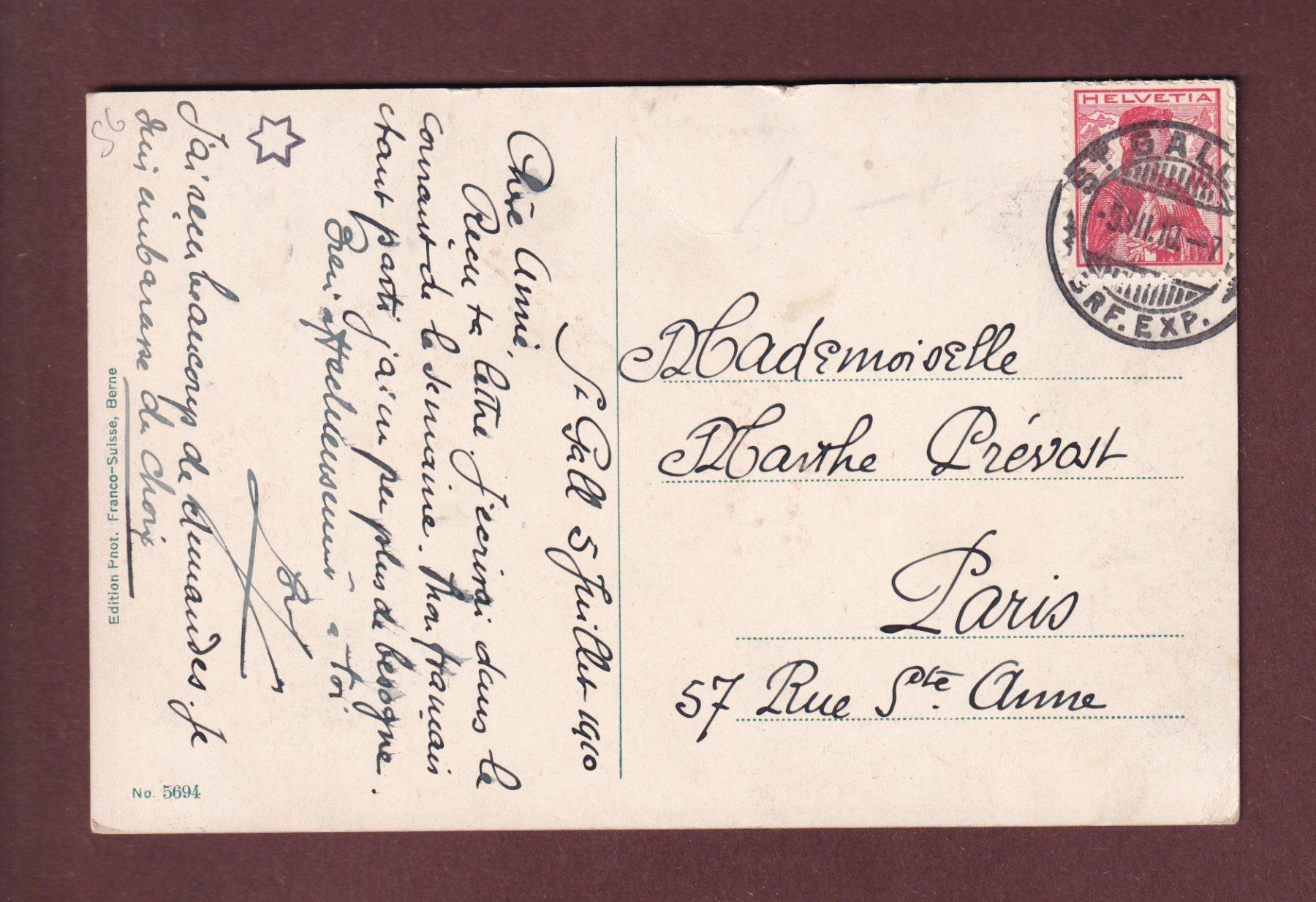 Cartoline postali: ST. GALLEN - Stadtpark - 1910 – Usato da Pully venduto da nicecards 1