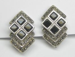 Vintage Ohrringe Ohrclips Silber 925 Onyx Markasiten