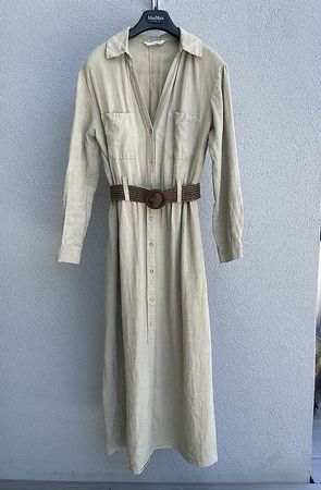 Zara Leinenkleid Salbei M - Hemdblusenkleid mit Gürtel