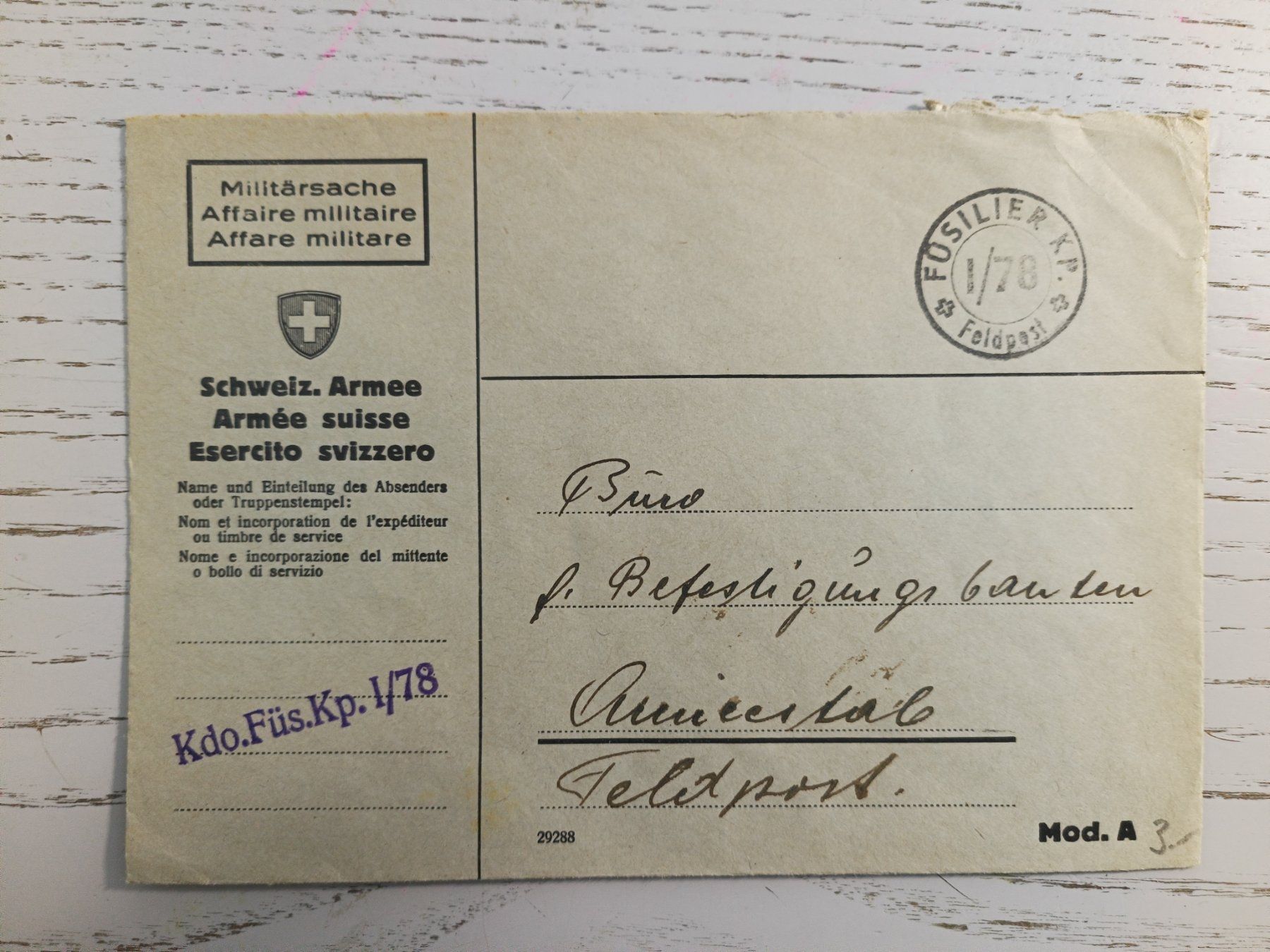 Tutti i francobolli: Feldpost Couvert FÜSILIER KP – Nuovo (secondo la descrizione) da Dübendorf venduto da goeggi79