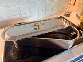 Fischpfanne Edelstahl mit Deckel Fischgriff Neuwertig