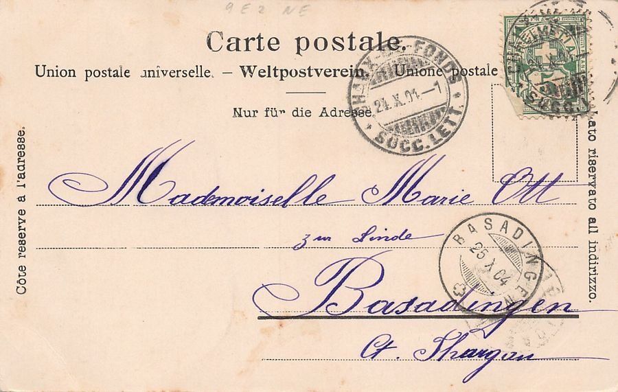 Cartoline postali: La Chaux-de-Fonds, la Grande Fontaine, circulée 1904 – Usato da Frauenfeld venduto da POML 1