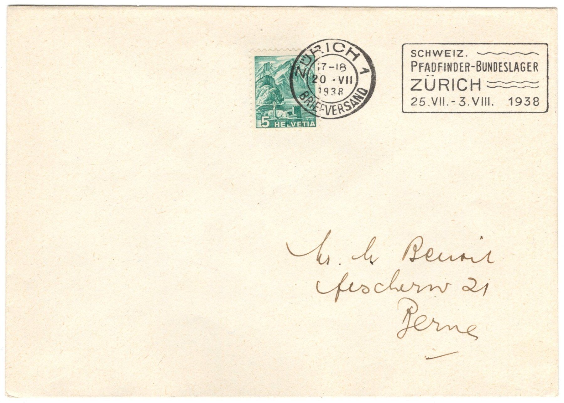 PFADI Beleg vom Bundeslager 1938 in Zürich - Marke mit ABART (Gebraucht ...